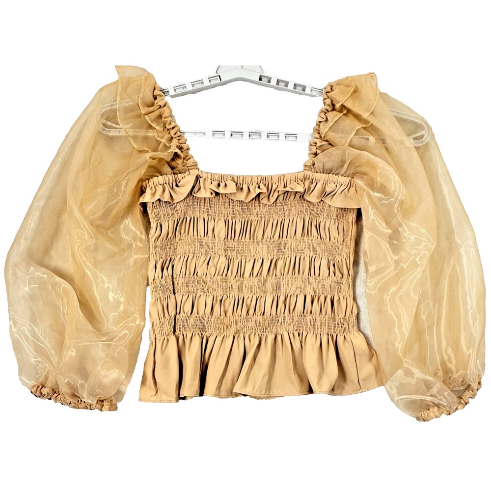 NWOT Jess Lea Smocked Square Neck Top L Gold Shimering Sheer Sleeves Blouse Boho